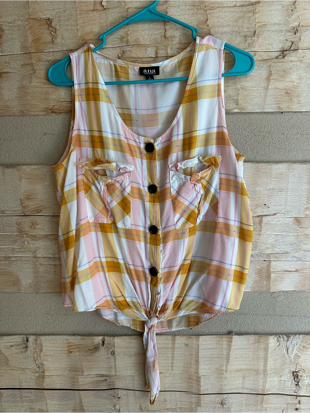 a.n.a Yellow and Pink Plaid Tie-Front Sleeveless Top